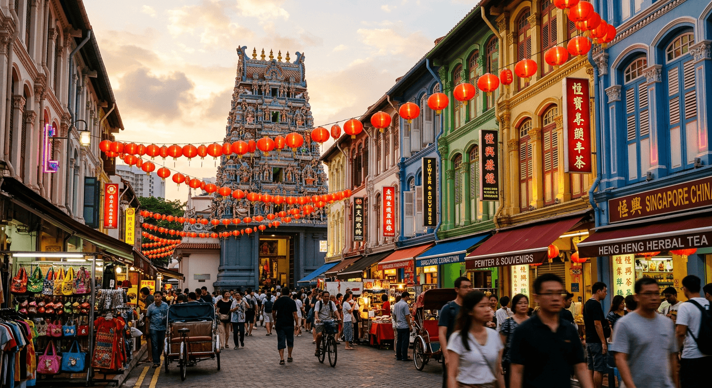 Chinatown shophouses with red lanterns