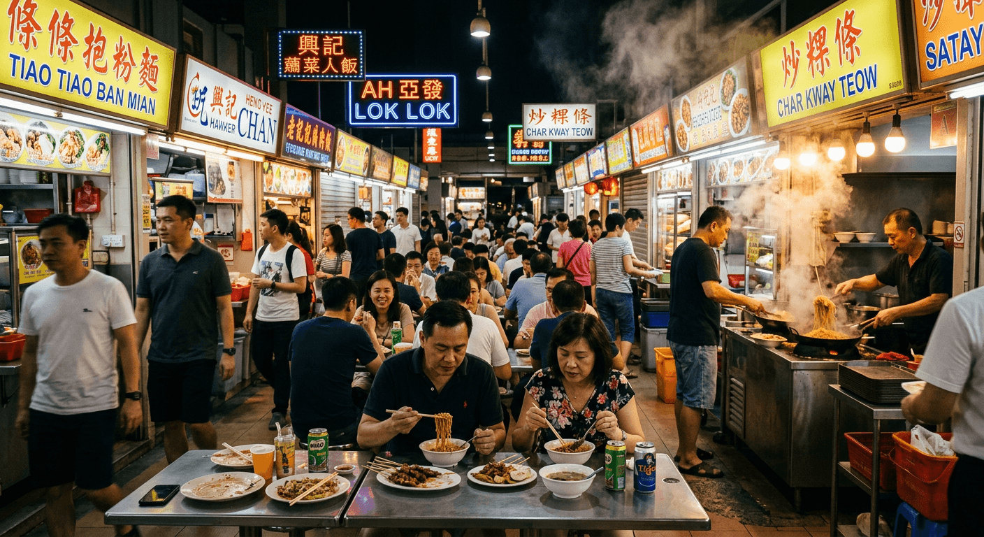 A busy hawker centre at night with glowing stalls and diners