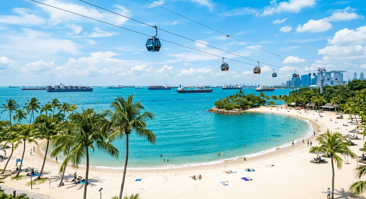 Sentosa beach with palm trees and turquoise water